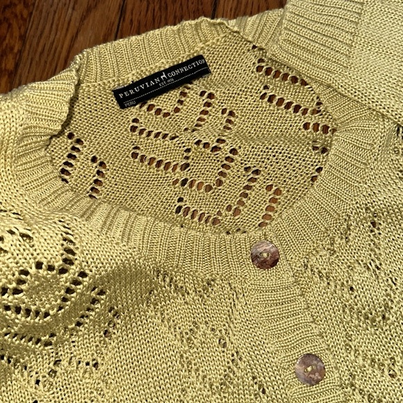 Peruvian connection 100% Pima cotton eyelet button crop cardigan key lime green - Picture 2 of 6
